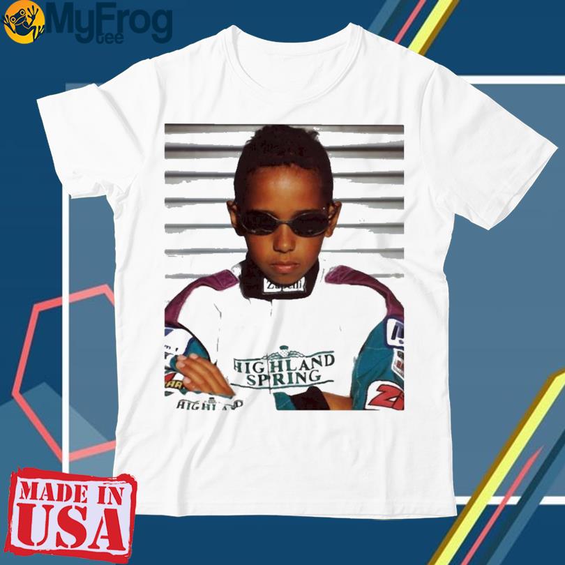 lewis hamilton wearing image of himself as a young kid in a serious pose with his racing overalls and sunglasses on t shirt shirt