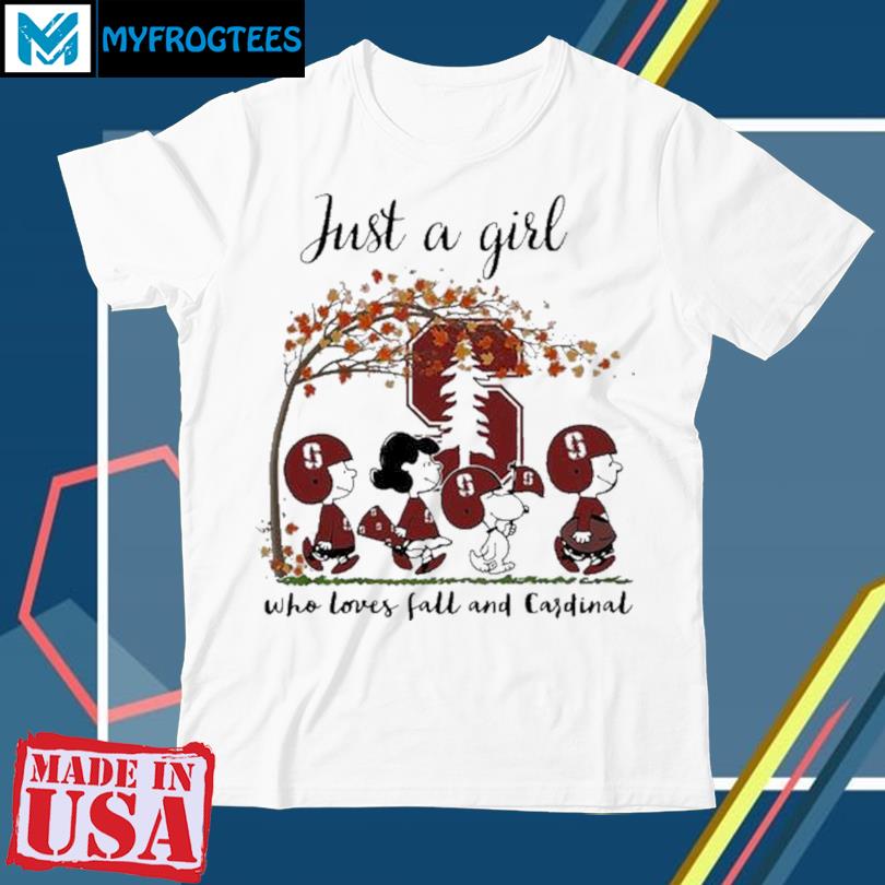 Just A Woman Who Loves Fall And Stanford Cardinal Peanuts Cartoon T-shirt