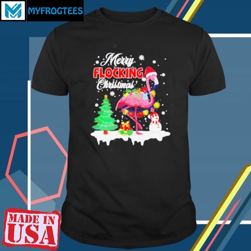 Funny Merry Flocking Christmas Flamingo pink in Santa hat Xmas shirt