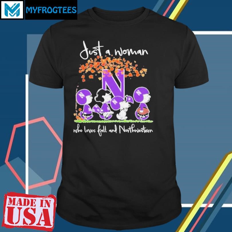 Original Peanuts Characters Just A Woman Who Loves Fall And Northwestern Wildcats Shirt