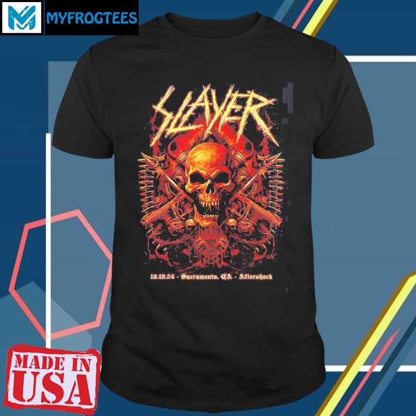 Original Slayer Aftershock Festival 2024 Merch Poster In Sacramento California On October 10 2024 Raining Blood And Black Magic shirt