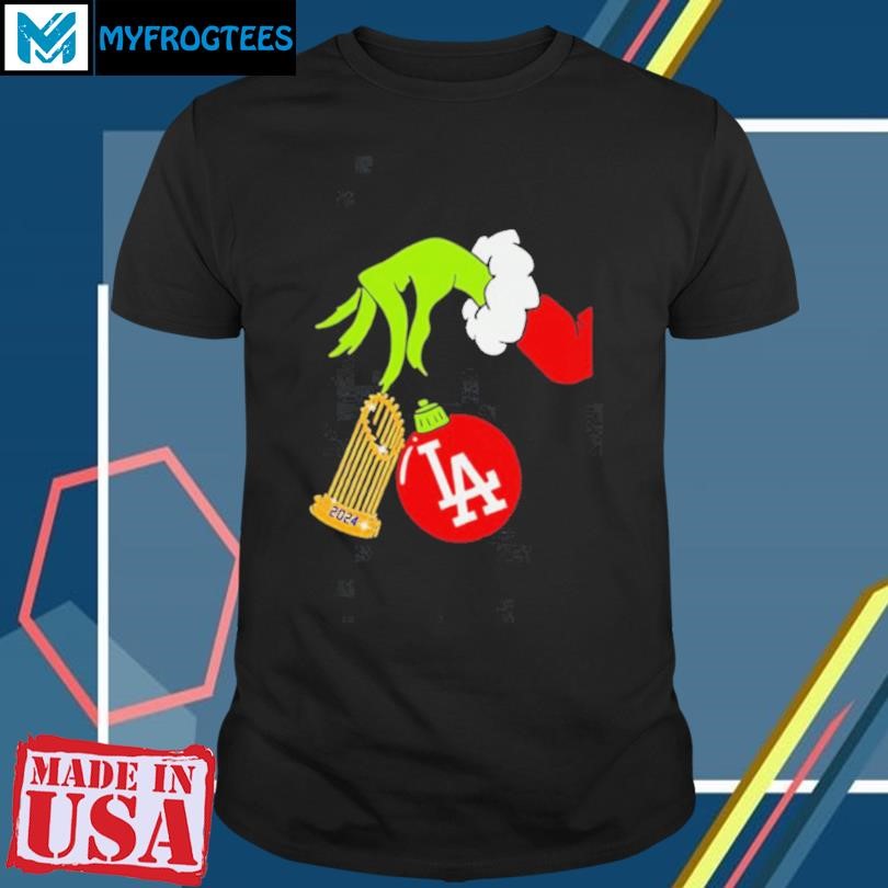 Grinch holding Los Angeles Dodgers 2024 World Series Champs shirt