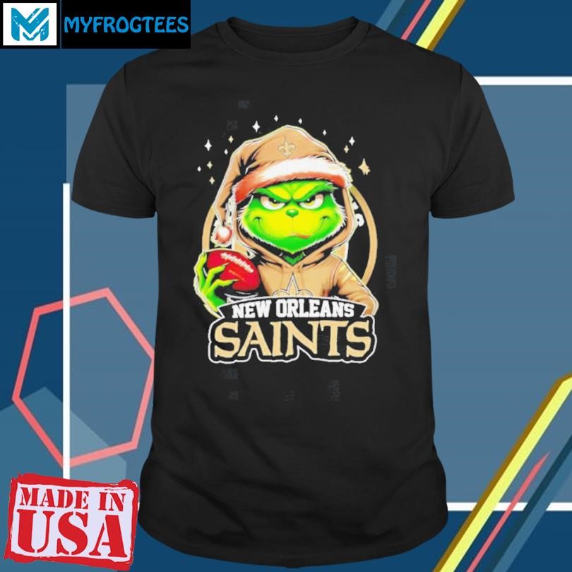 New Orleans Saints Grinch wearing Santa hat Christmas 2024 shirt