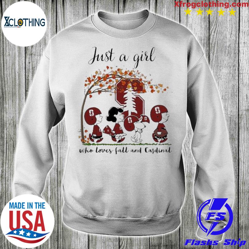 Just A Woman Who Loves Fall And Stanford Cardinal Peanuts Cartoon T-shirt