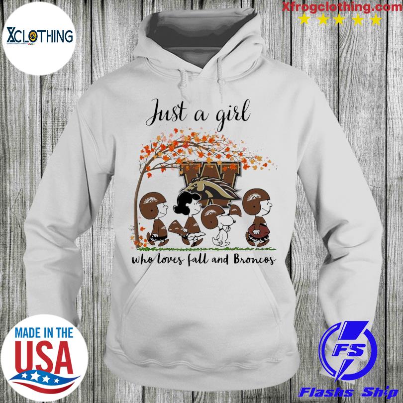 Just A Woman Who Loves Fall and Western Michigan Broncos Peanuts Cartoon T- shirt, hoodie, sweater, long sleeve and tank top