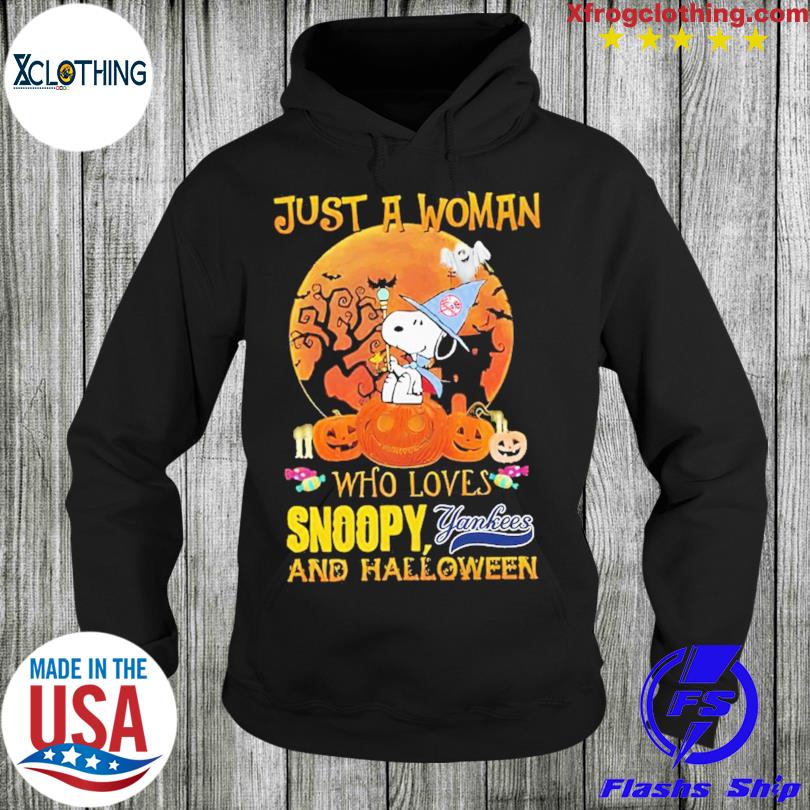 Official Just a woman who love snoopy Yankees and halloween shirt, hoodie,  longsleeve, sweatshirt, v-neck tee