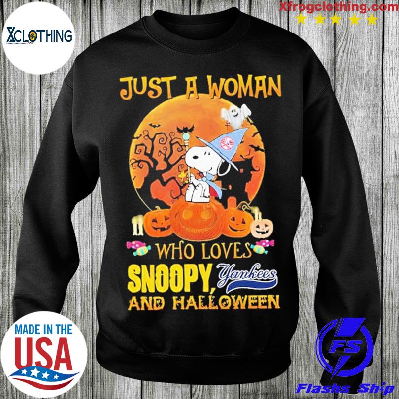 Official Just a woman who love snoopy Yankees and halloween shirt, hoodie,  longsleeve, sweatshirt, v-neck tee