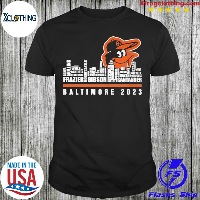 Official baltimore orioles 2023 season team players names in city shirt