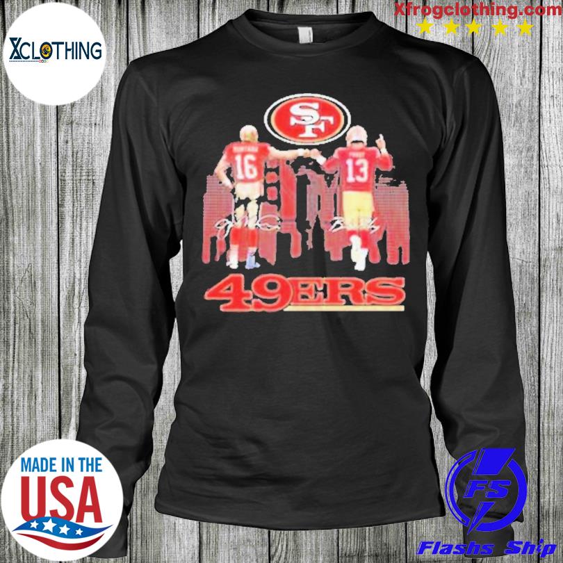 Joe Montana and Brock Purdy San Francisco 49ers city skyline signatures  shirt, hoodie, sweater, long sleeve and tank top