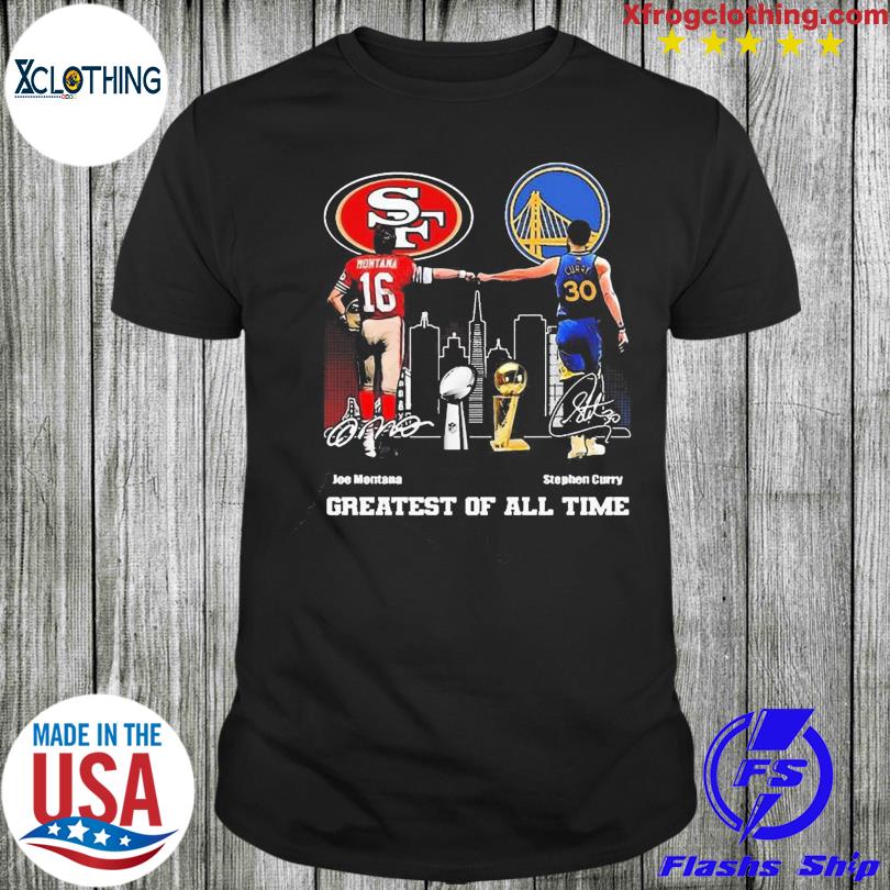 San Francisco 49ers Joe Montana and Golden State Warriors Stephen Curry  skyline signatures shirt, hoodie, longsleeve tee, sweater