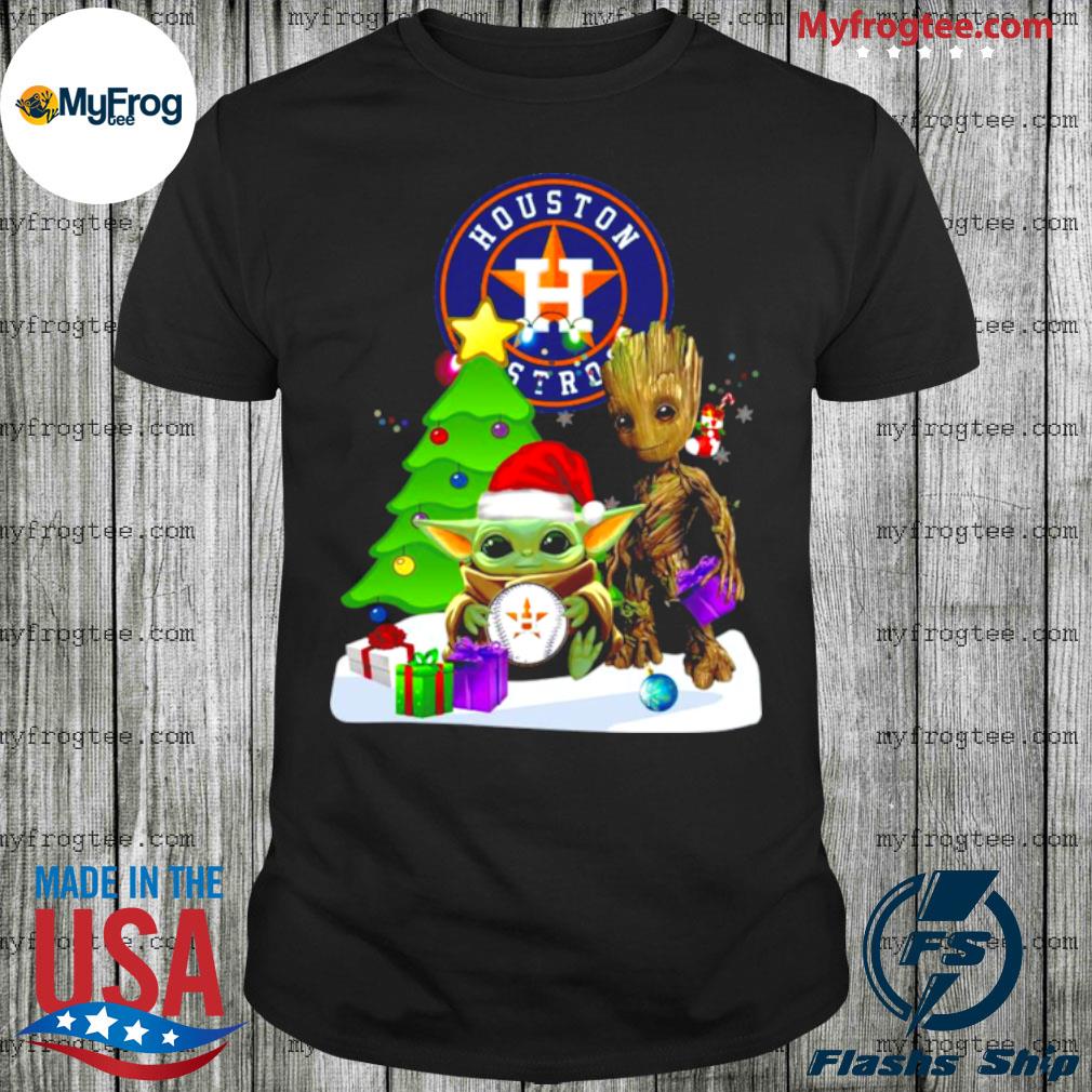 Santa Groot and Baby Yoda hug Houston Astros Snow Christmas Tree