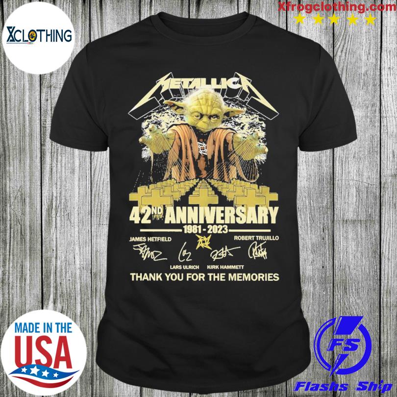Yoda Metallica 42nd anniversary 1981 2023 signatures thank you for the memories T-shirt